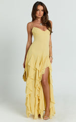V Neck Ruffle Tier Slip Dress in Lemon