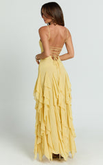 V Neck Ruffle Tier Slip Dress in Lemon