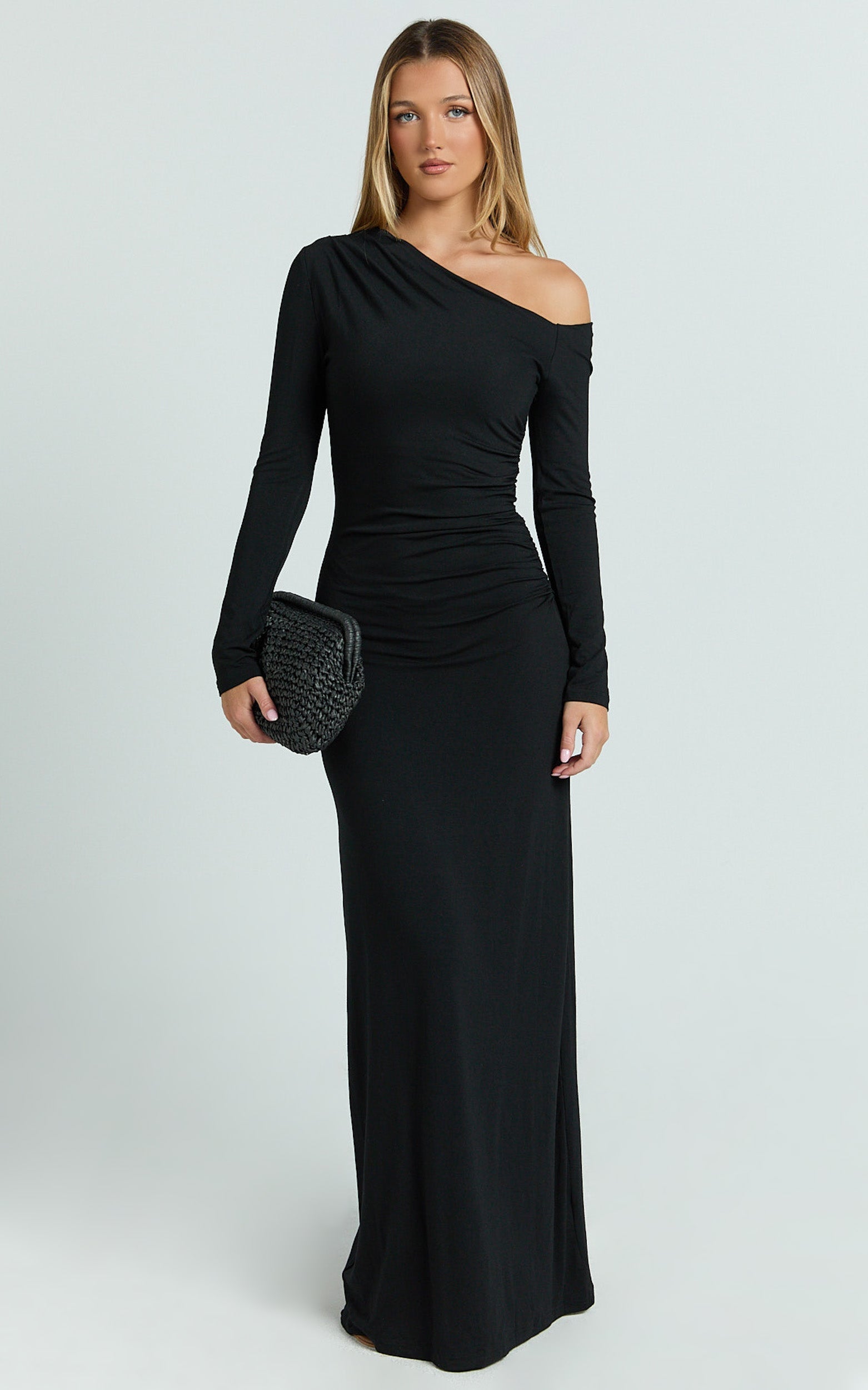 Asymmetrical Off Shoulder Long Sleeve Side Ruching Maxi Dress in Black - Urban Luxe Apparel