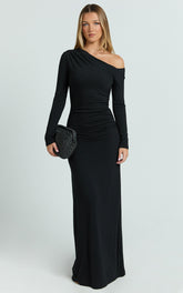 Asymmetrical Off Shoulder Long Sleeve Side Ruching Maxi Dress in Black - Urban Luxe Apparel