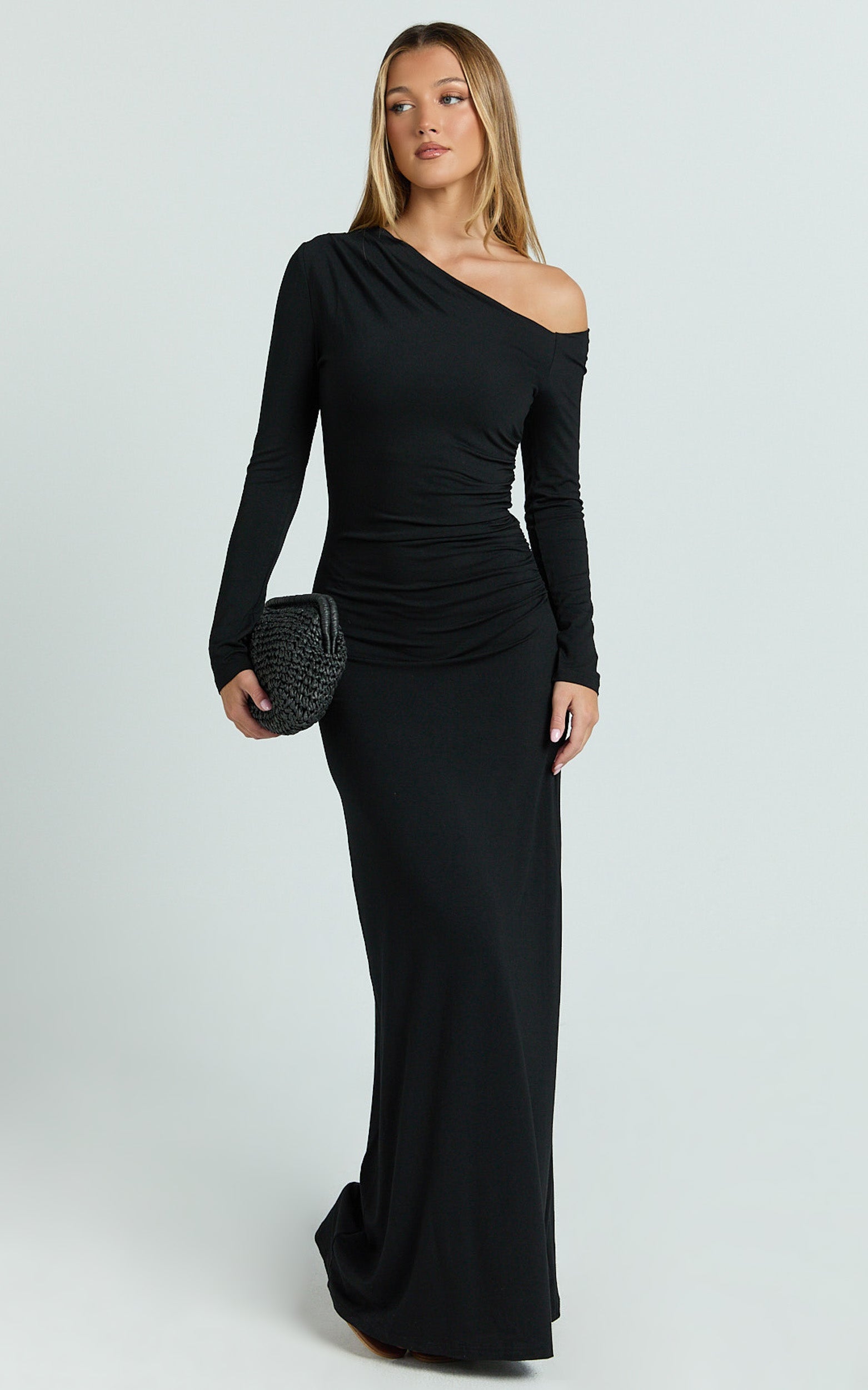 Asymmetrical Off Shoulder Long Sleeve Side Ruching Maxi Dress in Black - Urban Luxe Apparel