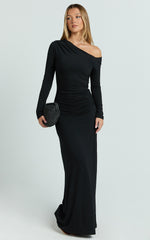 Asymmetrical Off Shoulder Long Sleeve Side Ruching Maxi Dress in Black - Urban Luxe Apparel