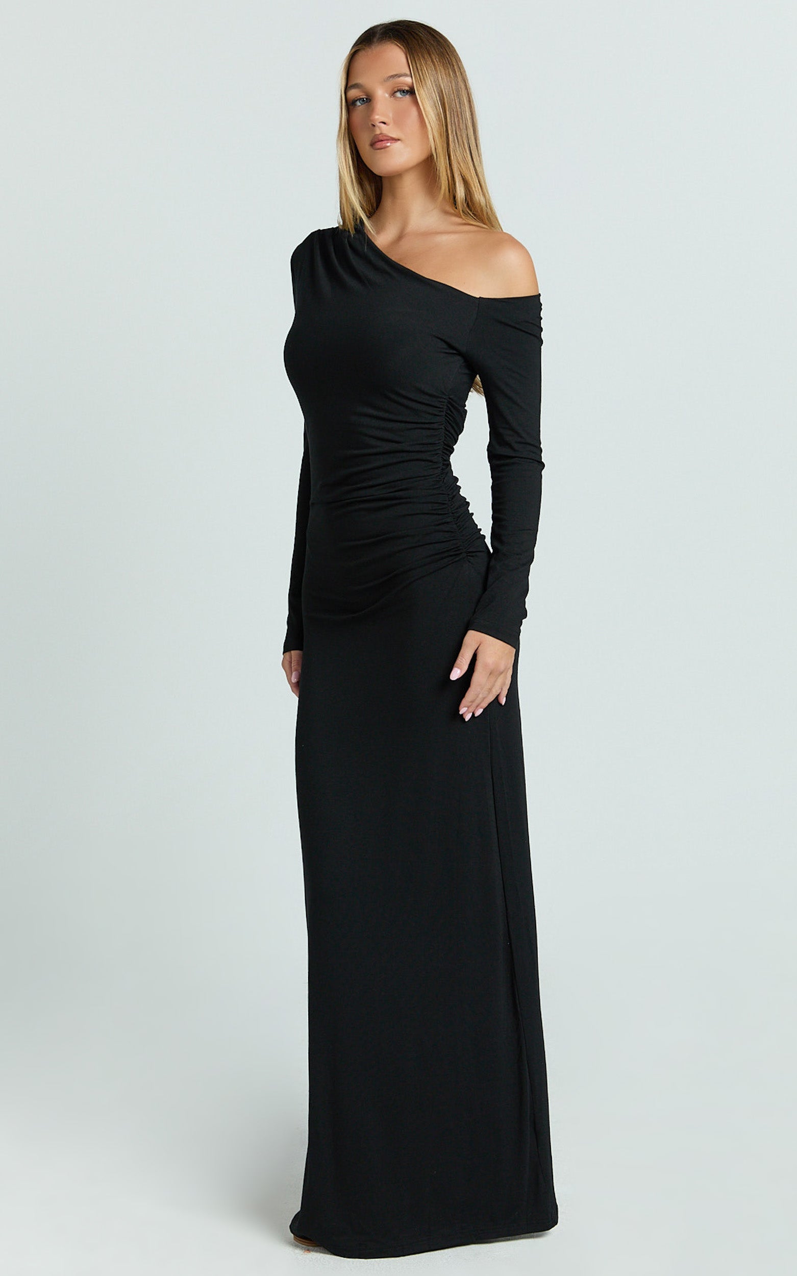 Asymmetrical Off Shoulder Long Sleeve Side Ruching Maxi Dress in Black - Urban Luxe Apparel