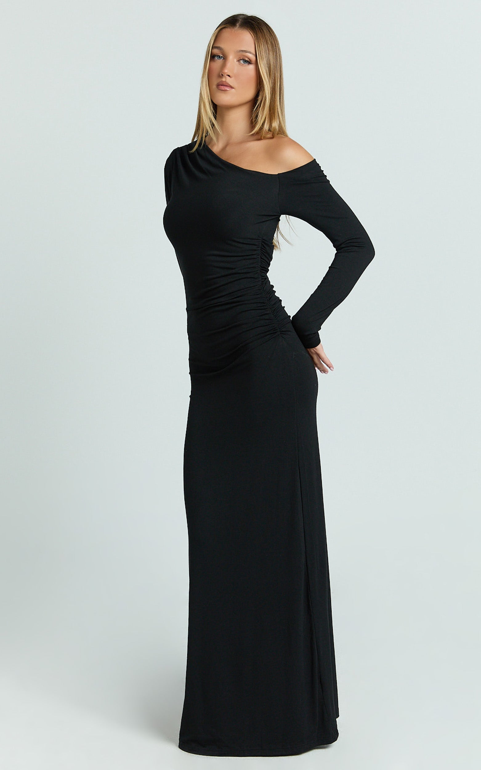 Asymmetrical Off Shoulder Long Sleeve Side Ruching Maxi Dress in Black - Urban Luxe Apparel