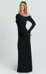 Asymmetrical Off Shoulder Long Sleeve Side Ruching Maxi Dress in Black - Urban Luxe Apparel