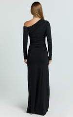 Asymmetrical Off Shoulder Long Sleeve Side Ruching Maxi Dress in Black - Urban Luxe Apparel