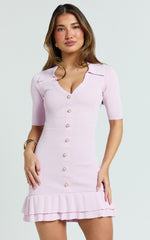 Collared Short Sleeve Fit And Flare Knitted Dress in Pink