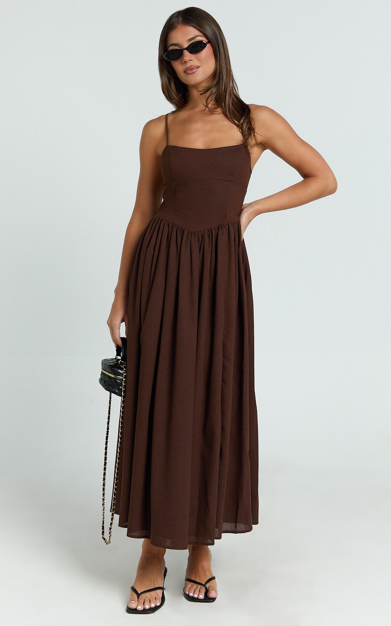 Linen Scoop Neck Gathered Dress in Chocolate - Urban Luxe Apparel