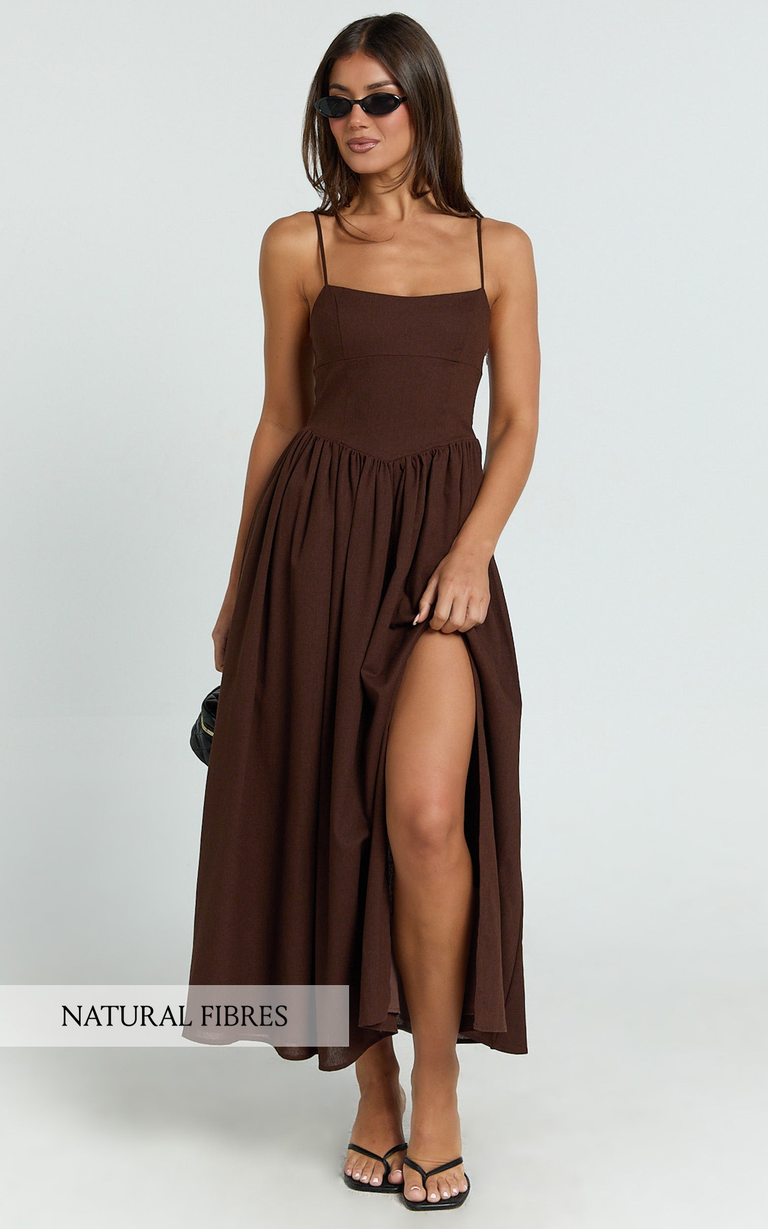 Linen Scoop Neck Gathered Dress in Chocolate - Urban Luxe Apparel