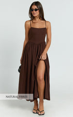 Linen Scoop Neck Gathered Dress in Chocolate - Urban Luxe Apparel