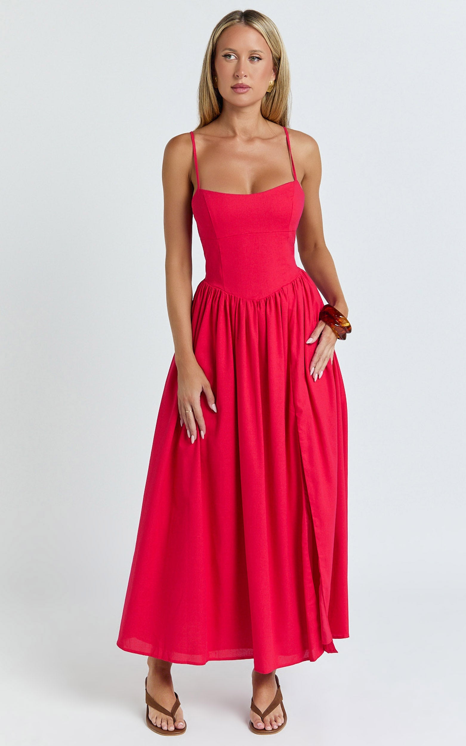 Linen Scoop Neck Gathered Dress in Red - Urban Luxe Apparel