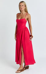 Linen Scoop Neck Gathered Dress in Red - Urban Luxe Apparel