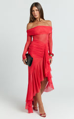 Off The Shoulder Gathered Waist Ruffle Dress in Red