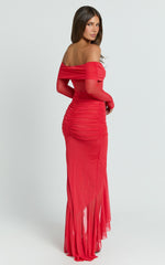 Off The Shoulder Gathered Waist Ruffle Dress in Red