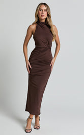 Halter Neck Twist Detail Tie Back Dress in Chocolate - Urban Luxe Apparel