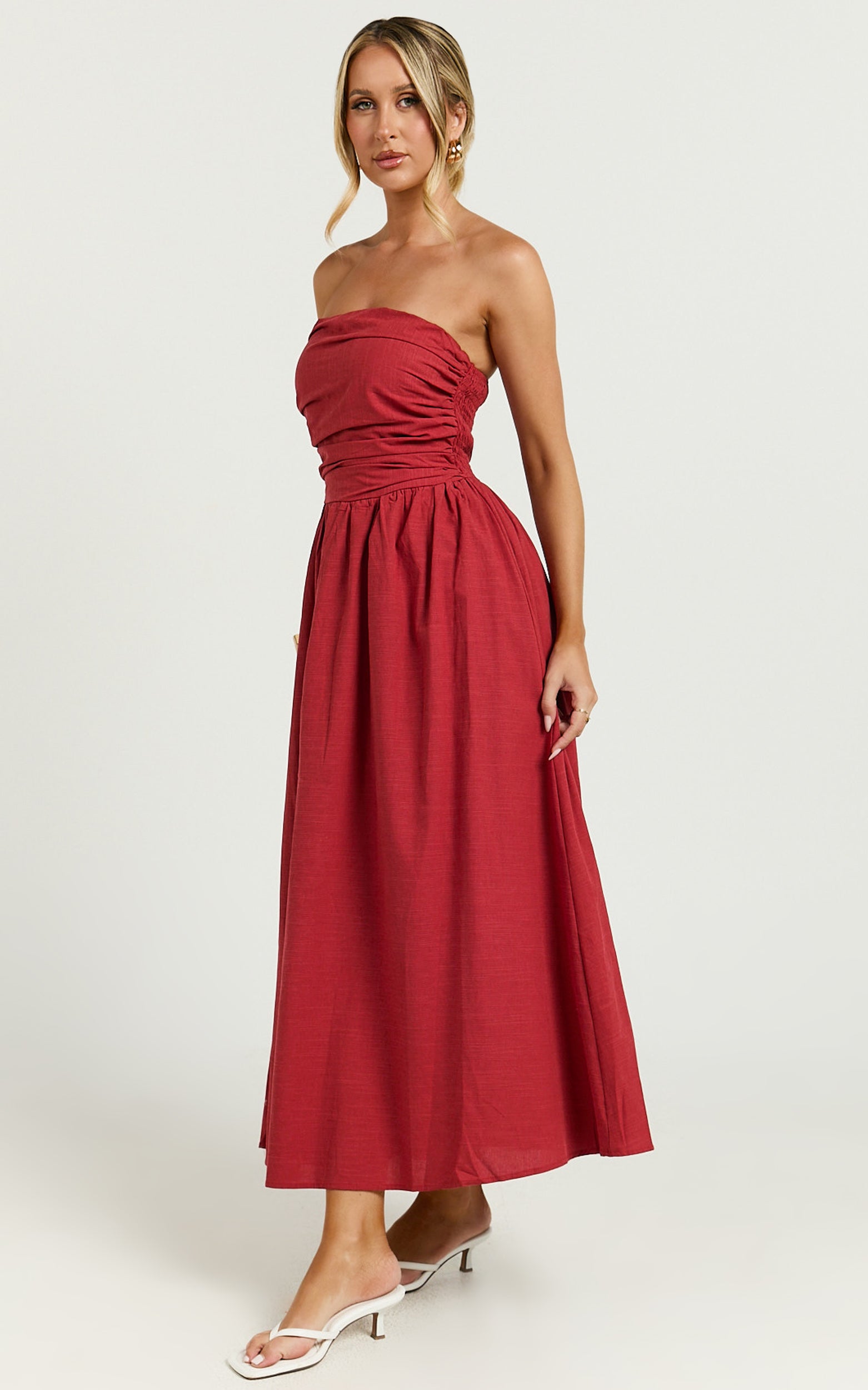 Strapless Ruched Dress in Red - Urban Luxe Apparel