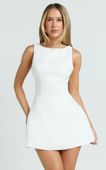Boucle Boat Neck V Back Fit and Flare Dress in White