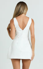 Boucle Boat Neck V Back Fit and Flare Dress in White