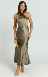 Twist Halter Neck Open Back Satin Dress in Olive - Urban Luxe Apparel