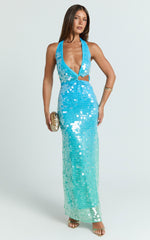 Ombre Sequin Halter Dress in Aqua