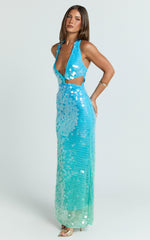 Ombre Sequin Halter Dress in Aqua