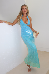 Ombre Sequin Halter Dress in Aqua