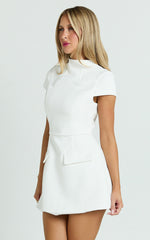 High Neck Cap Sleeve Tulip Skirt Dress in White