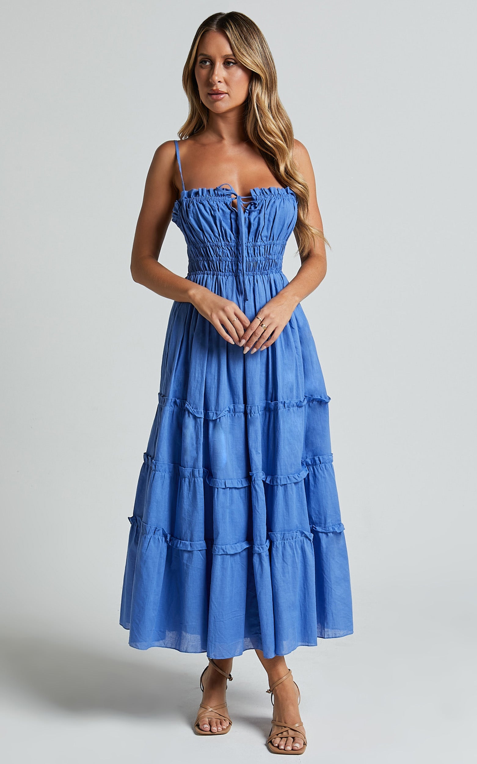 Strappy Ruched Tie Front Tiered Dress in Blue - Urban Luxe Apparel