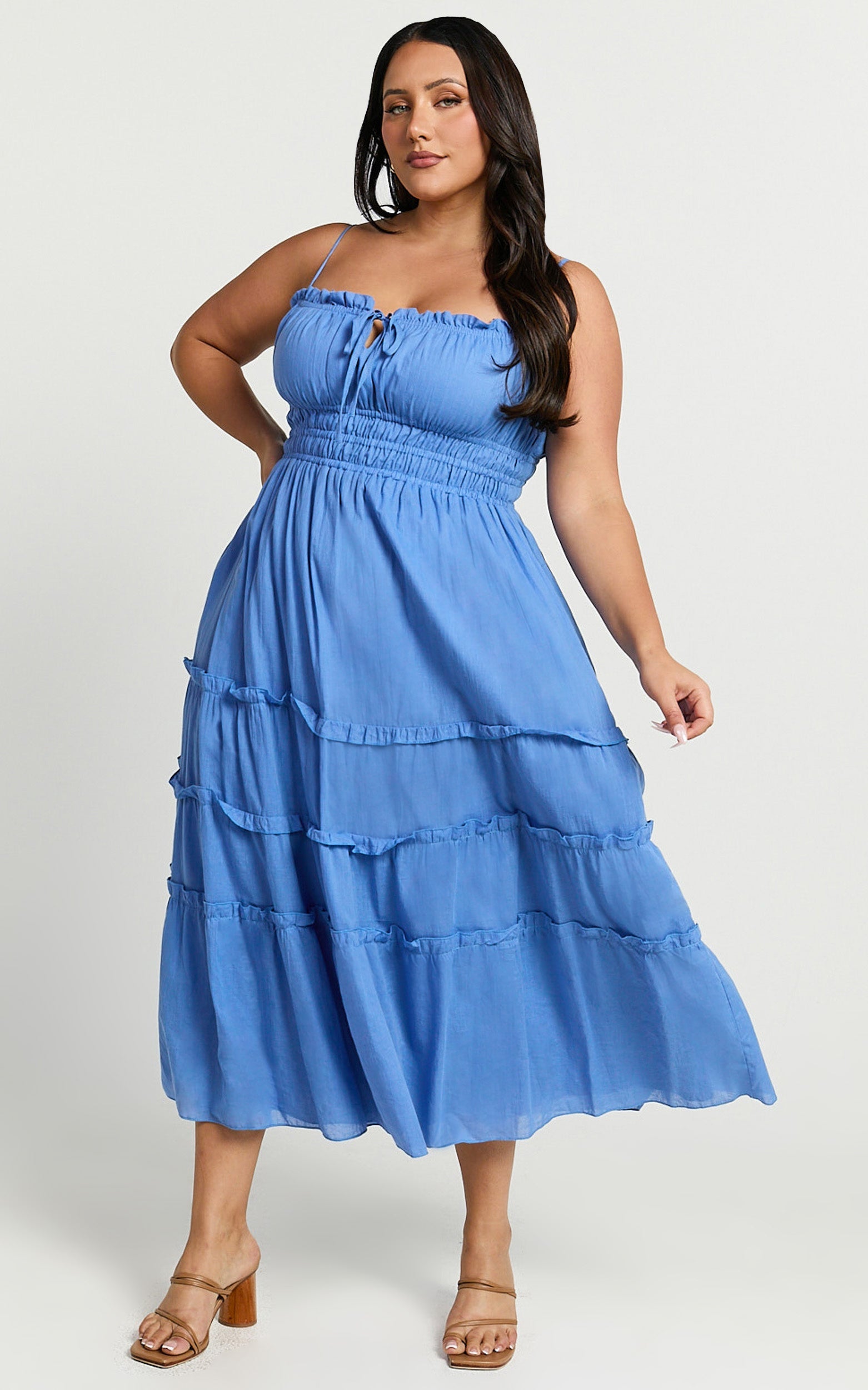 Strappy Ruched Tie Front Tiered Dress in Blue - Urban Luxe Apparel