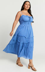 Strappy Ruched Tie Front Tiered Dress in Blue - Urban Luxe Apparel