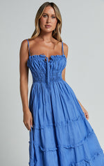 Strappy Ruched Tie Front Tiered Dress in Blue - Urban Luxe Apparel