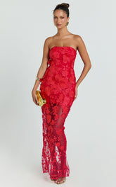 3D Floral Strapless Column Dress in Red