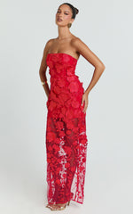 3D Floral Strapless Column Dress in Red
