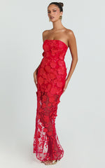 3D Floral Strapless Column Dress in Red