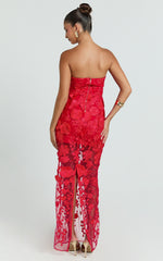 3D Floral Strapless Column Dress in Red