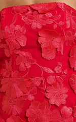 3D Floral Strapless Column Dress in Red