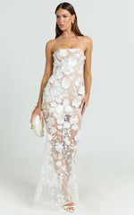 3D Floral Strapless Column Dress in White