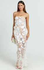 3D Floral Strapless Column Dress in White