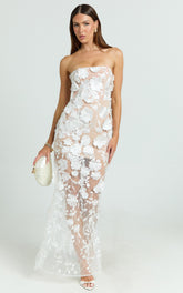 3D Floral Strapless Column Dress in White