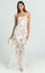 3D Floral Strapless Column Dress in White