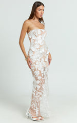 3D Floral Strapless Column Dress in White