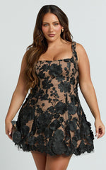 3D Floral Fit And Flare Dress in Black - Urban Luxe Apparel