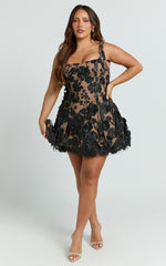 3D Floral Fit And Flare Dress in Black - Urban Luxe Apparel