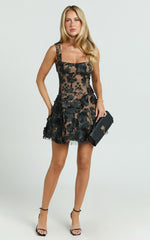 3D Floral Fit And Flare Dress in Black - Urban Luxe Apparel