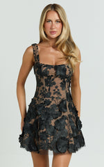 3D Floral Fit And Flare Dress in Black - Urban Luxe Apparel