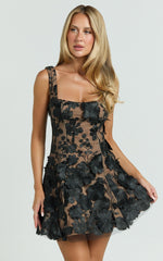 3D Floral Fit And Flare Dress in Black - Urban Luxe Apparel