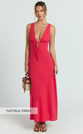 Plunge Neckline Tie Front A Line Dress in Red - Urban Luxe Apparel
