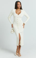 Pearl Button Down Long Sleeve Knit Dress in Ivory - Urban Luxe Apparel