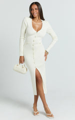 Pearl Button Down Long Sleeve Knit Dress in Ivory - Urban Luxe Apparel