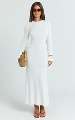 Long Sleeve Scallop Edge Knitted Midi Dress in White - Urban Luxe Apparel